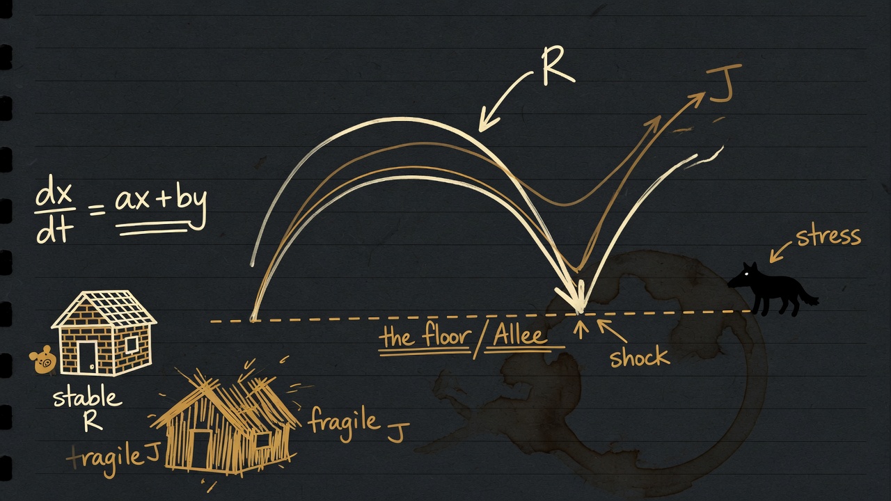 Notebook drawing of two coupled feeling traces above a dashed floor, a shock spike, and a small wolf labeled stress