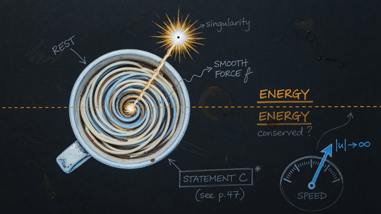 Notebook drawing of a coffee swirl stretching into a singularity, a dashed energy line, and a speed needle going off the gauge
