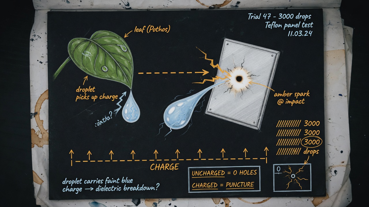 Notebook drawing of a droplet sliding off a leaf, picking up charge, and punching a pinhole in a Teflon panel with a tiny spark