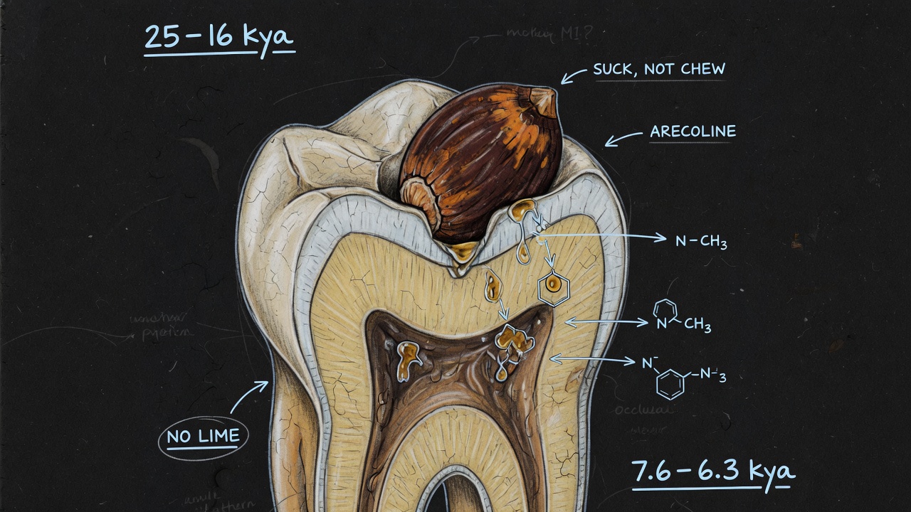 Notebook drawing of a molar cross-section with a whole betel nut sitting in a rounded groove and arecoline dripping into the dentine