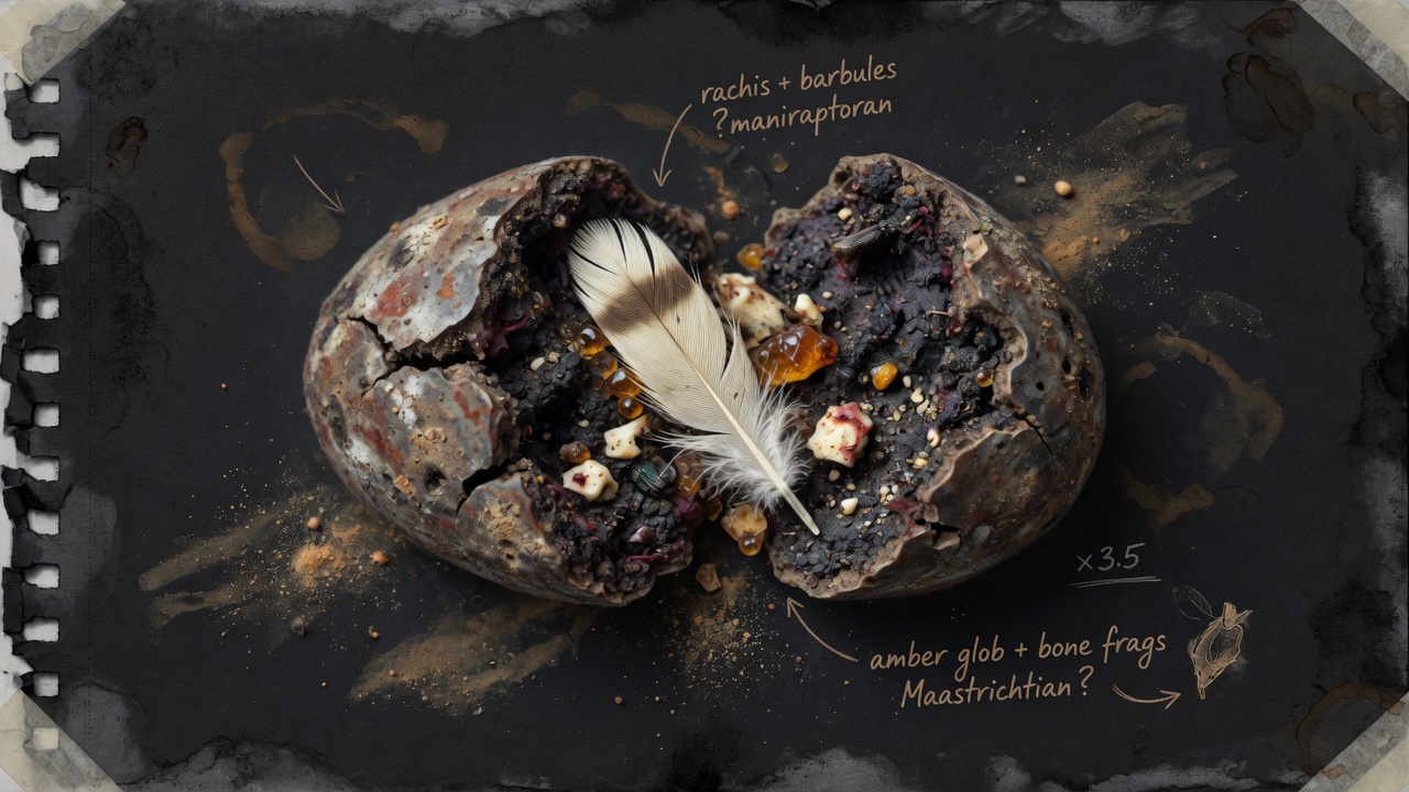 Coprolite split open around a trapped feather