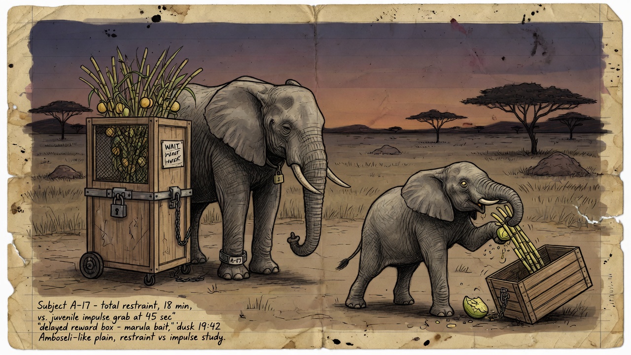 Adult elephant waiting at a locked reward crate while a juvenile grabs the small treat