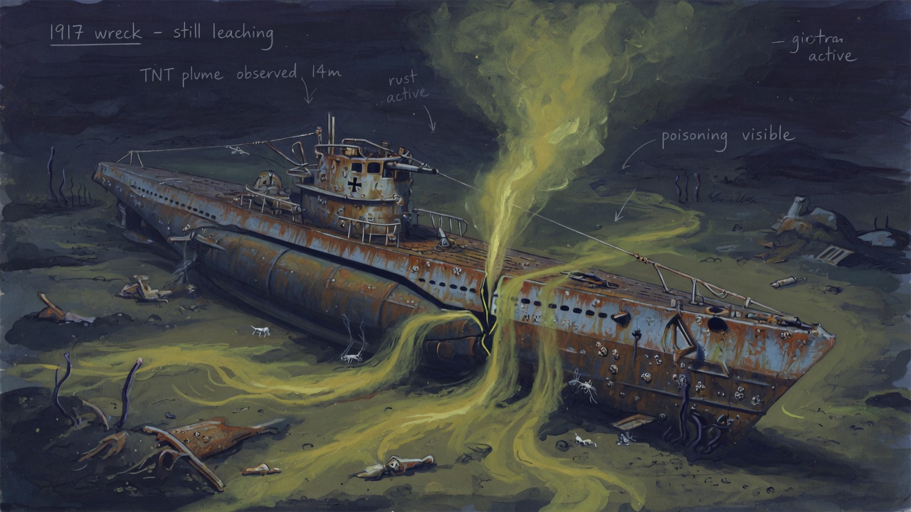 Rusted WWI U-boat leaking a yellow plume on the seafloor