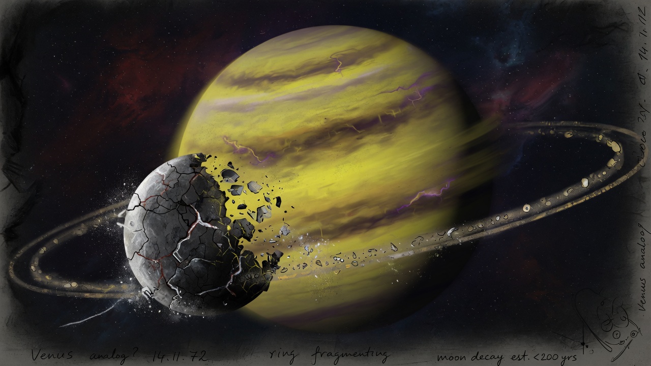 Venus tearing a small moon into a faint ring
