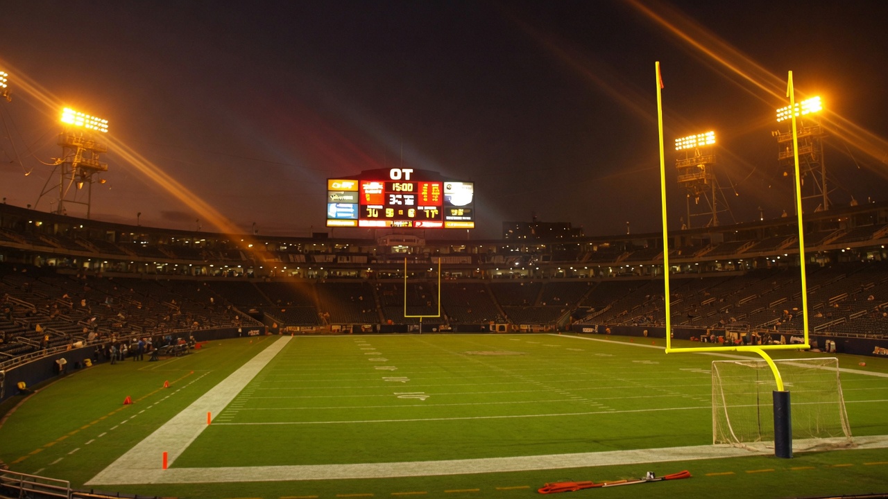 Night stadium with OT on the scoreboard and yellow goal posts