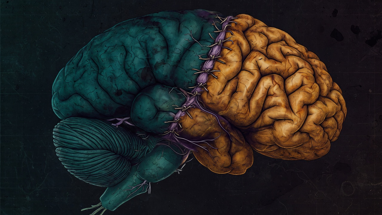 Two fused brain organs, hindbrain teal and forebrain amber