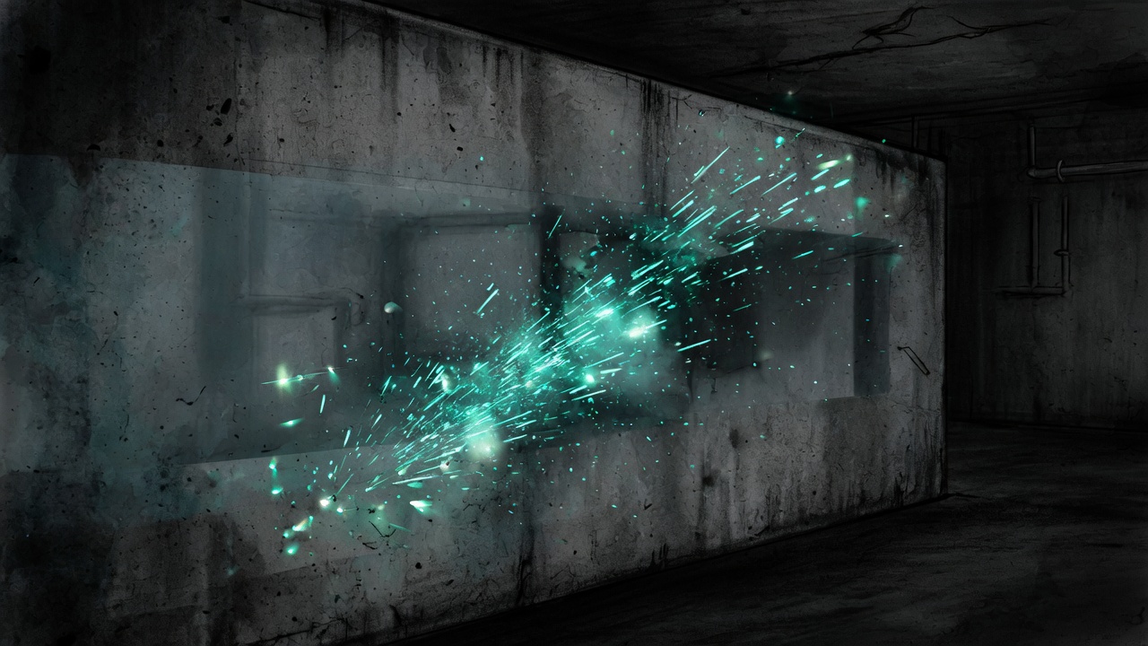 Teal sparks passing through a thick wall