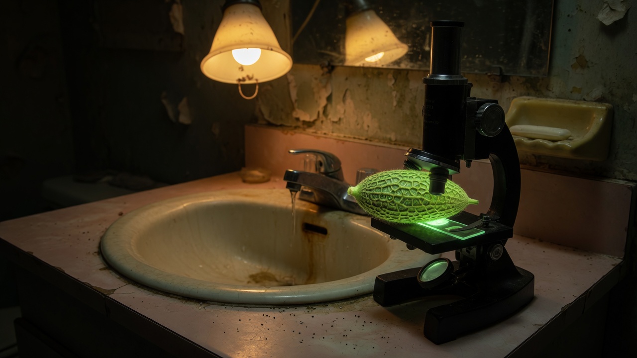A motel counter, a microscope, and a green microbe