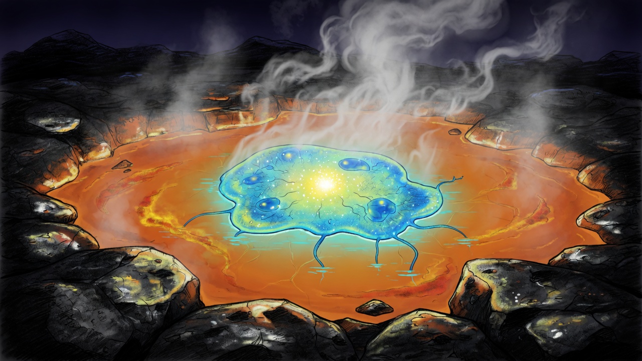 A glowing amoeba in a steaming hot spring