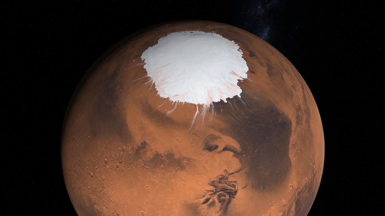 Mars with a bright white north polar cap
